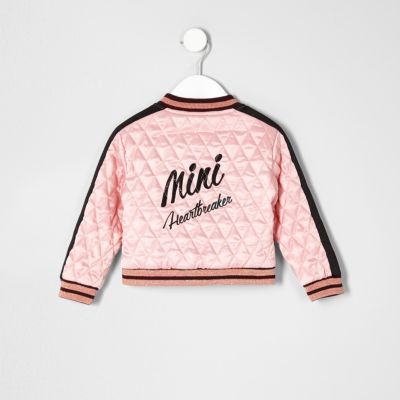 Mini girls pink print quilted bomber jacket